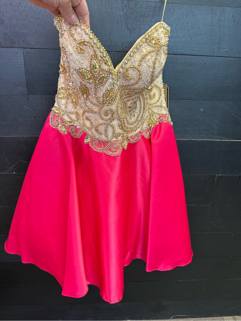 Aspeed Strapless Hot Pink Satin Dress with Gold Beaded Bodice